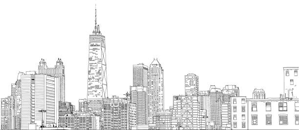 Close up drawing of Chicago Skyline Hand drawn illustration. Close up of skyscrapers and buildings in the famous Chicago skyline. Detailed ink look. close to illustrations stock illustrations