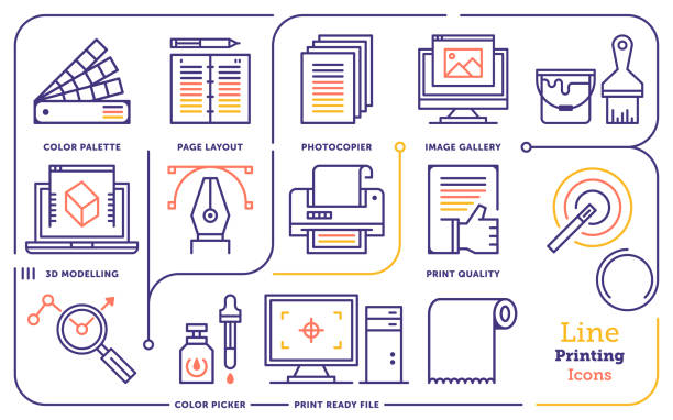 ilustraciones, imágenes clip art, dibujos animados e iconos de stock de conjunto de iconos de diseño digital servicios vector línea - print printout brochure flyer