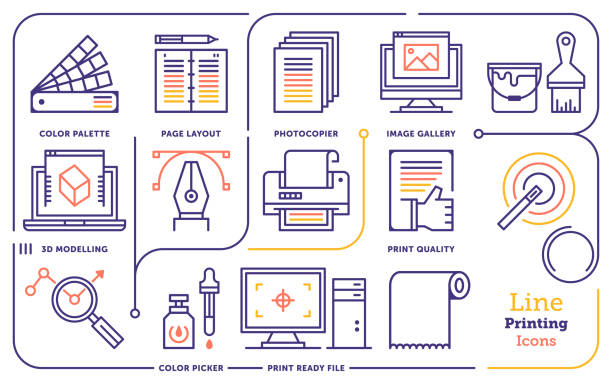 ilustrações, clipart, desenhos animados e ícones de design digital serviços linha icon set vector - print printout brochure flyer