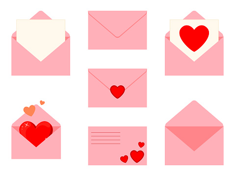 Colorful cartoon letter set. Envelope with love message. St Valentine day themed vector illustration for icon, stamp, label, badge, certificate, brochure, gift card, poster or banner decoration