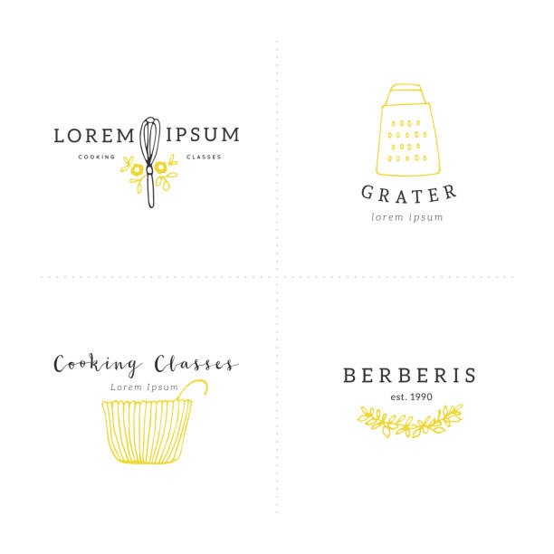 Kitchen label templates. Vector hand drawn colored objects. Set of vector hand drawn colored label templates. Kitchen and food theme. Isolated symbols for business identity and branding, for grocery stores and cooking classes, for food blogs and websites. egg beater stock illustrations