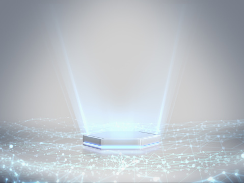Pedestal para pantalla, plataforma de diseño, base en blanco con ligero brillo, representación de background.3D futuro. photo