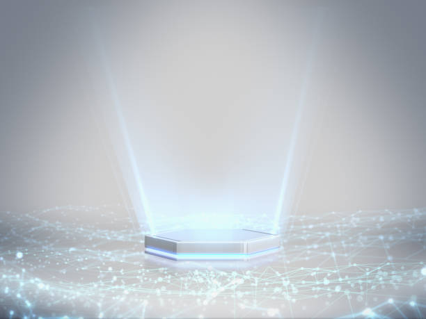 Pedestal for display,Platform for design,Blank product stand with light glow,Future background.3D rendering.