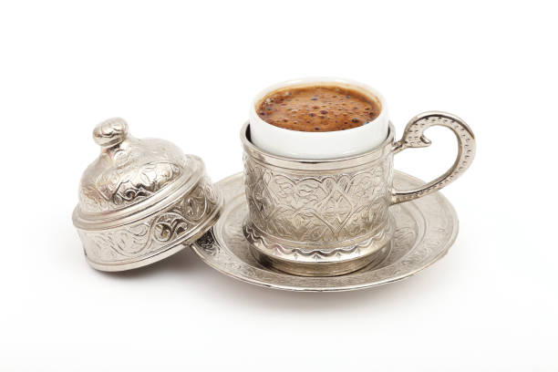 Traditional Turkish coffee Turkish coffee in traditional silver cup on isolated white background pool break stock pictures, royalty-free photos & images