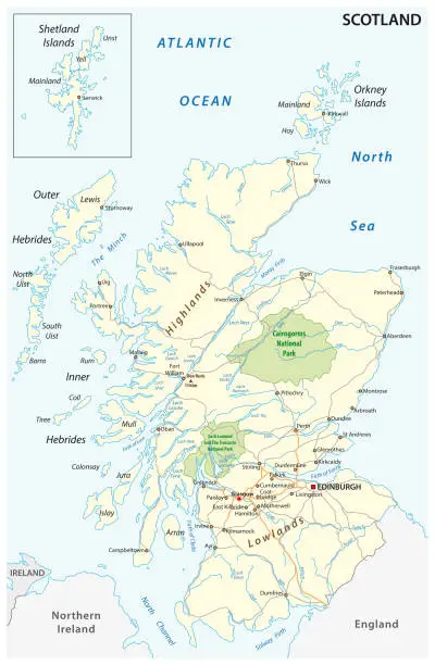 Vector illustration of High detailed Scotland road and nationalpark map with labeling
