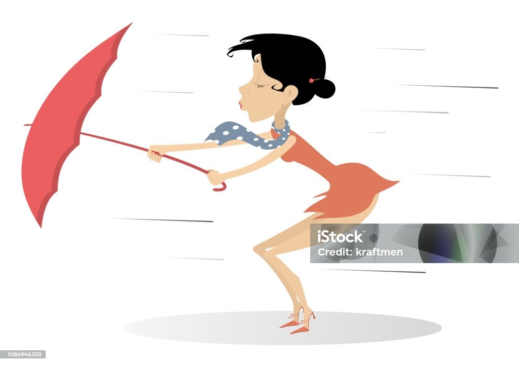 Strong wind, rain and woman with umbrella isolated illustration Whirlwind, rain and woman with umbrella isolated on white illustration People stock vector