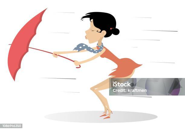 Strong Wind Rain And Woman With Umbrella Isolated Illustration Stock Illustration - Download Image Now