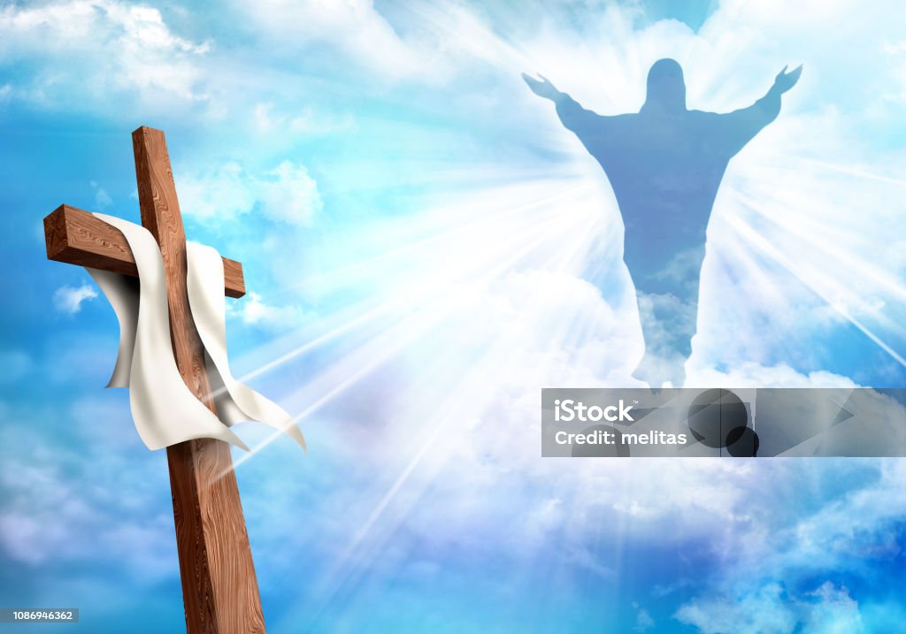 Resurrection. Christian cross with risen Jesus Christ and clouds sky background. Life after death Concept of resurrection after death. Wooden crucifix. Easter concept. Jesus Christ stock illustration
