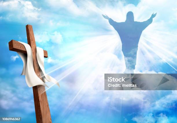 Resurrection Christian Cross With Risen Jesus Christ And Clouds Sky Background Life After Death Stock Illustration - Download Image Now