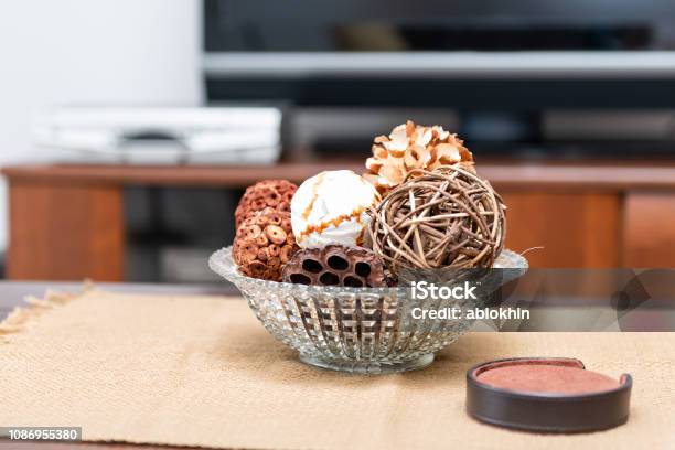 Modern Contemporary Clean Decor With Vase On Table Tablecloths Coaster Set Wicker Balls Cone Apartment Home House In Living Room Tv Stock Photo - Download Image Now