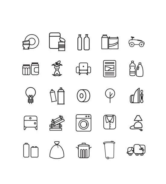 Vector illustration of series of waste pictograms, recycling, waste disposal