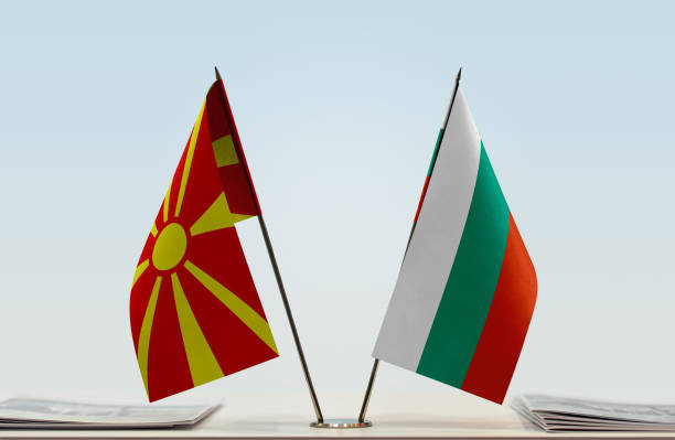 Flags of Macedonia (FYROM) and Bulgaria Two table flags of Macedonia (FYROM) and Bulgaria north macedonia stock pictures, royalty-free photos & images