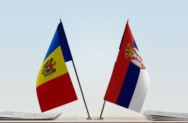 istock Flags of Moldova and Serbia 1086970006