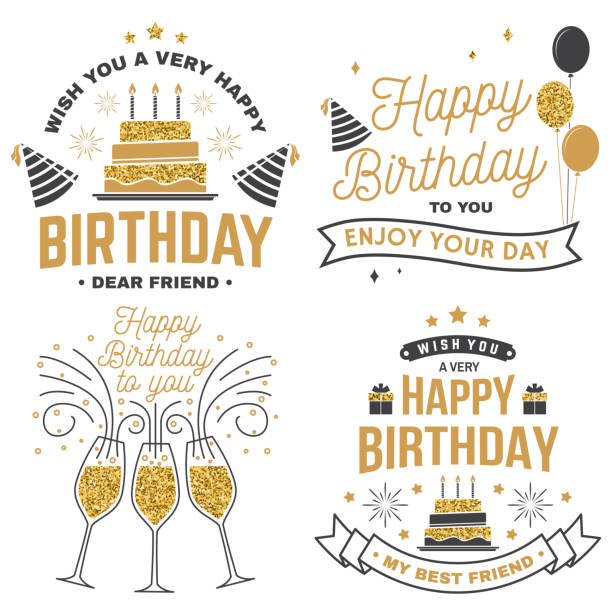 Wish you a very happy Birthday dear friend. Badge, card, with birthday hat, firework and cake with candles. Vector. Set of vintage typographic design for birthday celebration emblem Wish you a very happy Birthday dear friend. Badge, sticker, card, with birthday hat, firework and cake with candles. Vector. Set of vintage typographic design for birthday celebration emblem happy birthday best friend stock illustrations