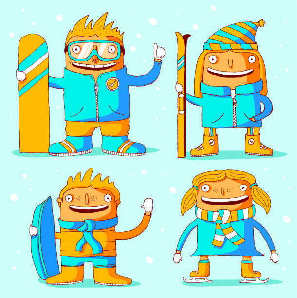 ilustraciones, imágenes clip art, dibujos animados e iconos de stock de deportes d'hiver famille aux. - apres ski friendship skiing enjoyment