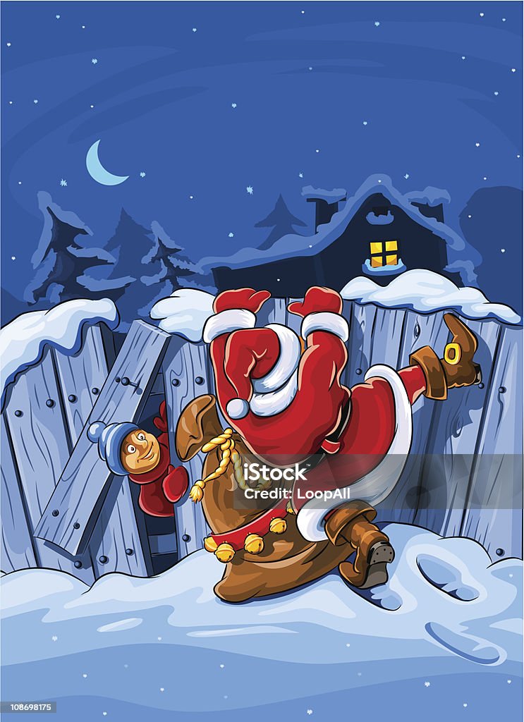 santa claus z Worek wspina się nad Wielkie Ogrodzenie - Grafika wektorowa royalty-free (Boże Narodzenie)