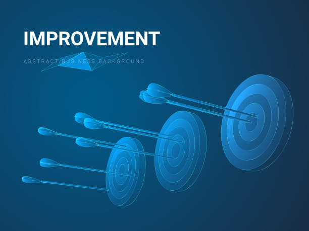 istock Abstract modern business background depicting improvement in shape of three circular targets with increasingly better aimed arrows on blue background. 1086988354