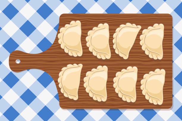 Dumplings (pierogi, varenyky, pelmeni) on a wooden cutting board on blue checkered tablecloth. Vector hand drawn illustration. Dumplings (pierogi, varenyky, pelmeni, ravioli) on a wooden cutting board on blue checkered tablecloth. Polish cuisine. Eastern european cuisine. Vector hand drawn illustration. russian pelmeni stock illustrations