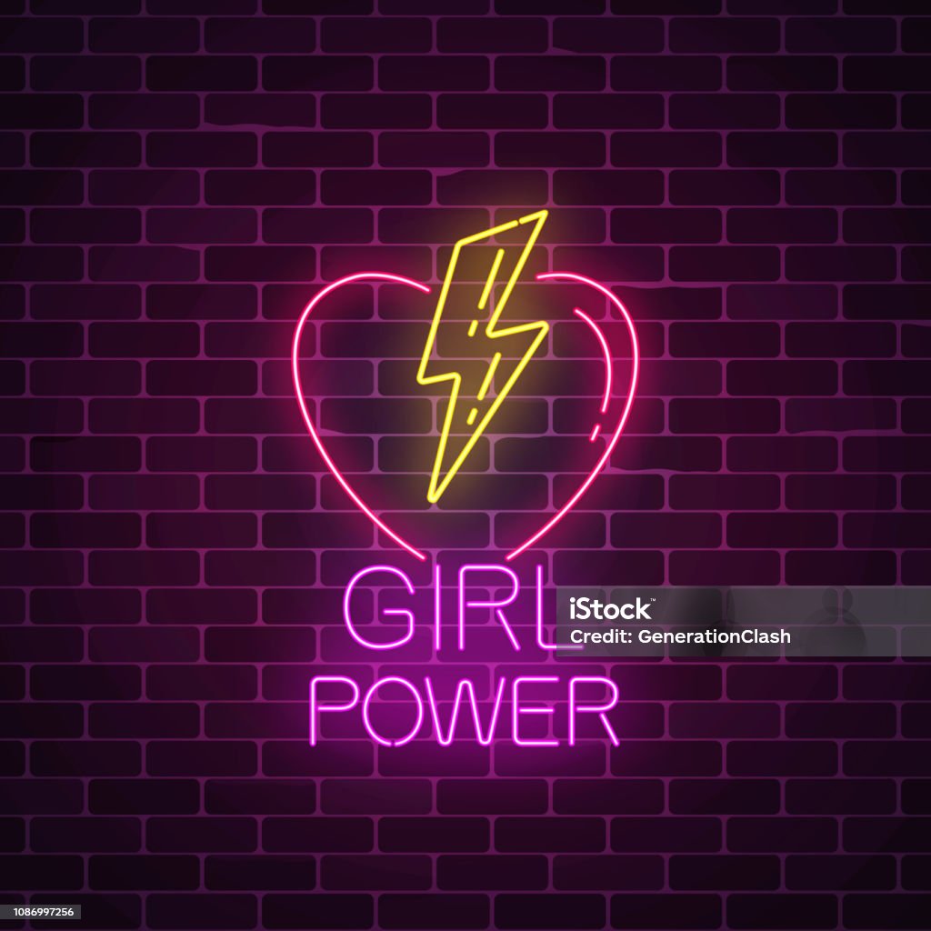 Girls power sign in neon style. Glowing symbol of female slogan with heart and lightning shapes. Girls power sign in neon style on dark brick wall background. Glowing symbol of female slogan with heart and lightning shapes. Women rights. Vector illustration. Neon Lighting stock vector