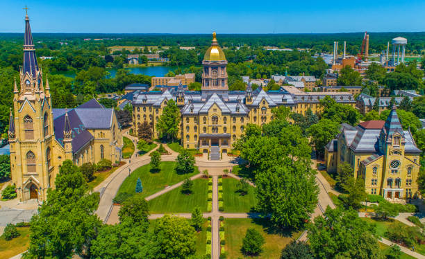 University of Notre Dame Golden Dome The University of Notre Dame Campus with Golden Dome, Basilica of the Sacred Heart, and Washington Hall. university of notre dame stock pictures, royalty-free photos & images
