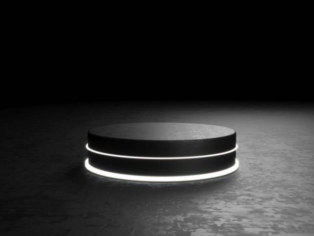 istock Round podium, pedestal or platform, illuminated by led spotlights. illustration. Bright lightpodium. Advertising place. Blank product stand and Abstract background with light. 3d Rendering. 1086999188
