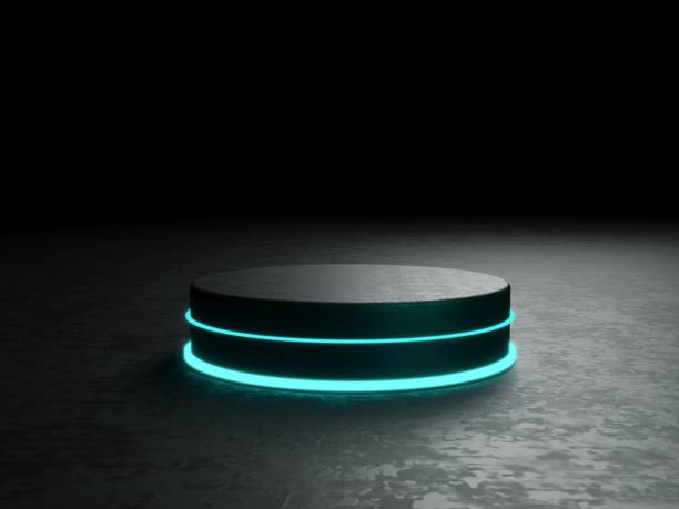 istock Round podium, pedestal or platform, illuminated by led spotlights. illustration. Bright lightpodium. Advertising place. Blank product stand and Abstract background with light. 3d Rendering. 1086999190
