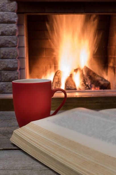 istock Cozy scene before fireplace with red mug of tea, and a book. 1087004216