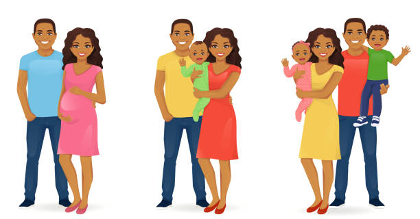 Family portrait set Set of family stages of development. Husband with pregnant wife. Parents with newborn baby. Mother and father with daughter and son. Vector illustration. family happiness stock illustrations