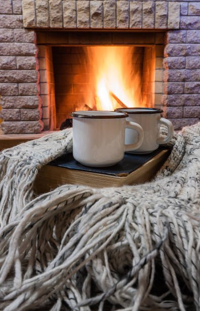 istock Cozy scene before fireplace with two enameled mugs with tea, a book, wool scarf. 1087007366