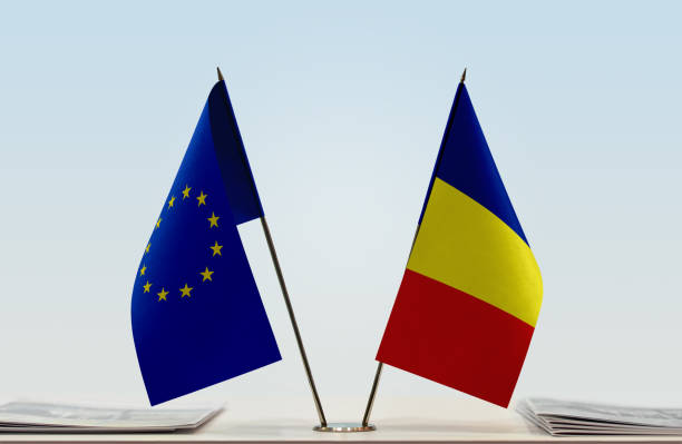istock Flags of EU and Romania 1087010214