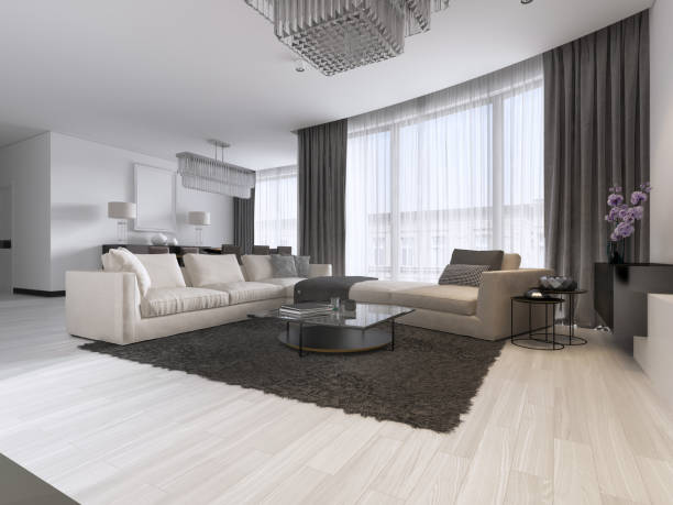 istock Modern light contemporary living room with large corner sofa and dining area. Console with a mirror, TV unit, coffee and side table. 1087015140