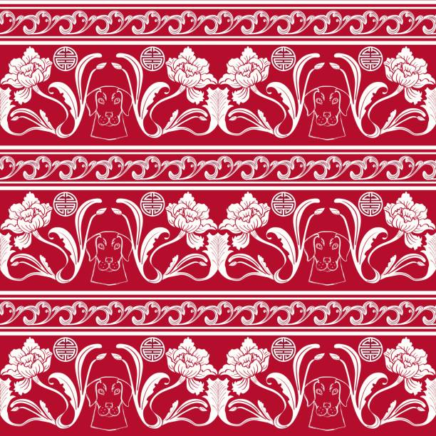 istock Seamless pattern with flowers and a dogs head in Chinese style. Rich background with symbols for the East lunar new year. 1087017804