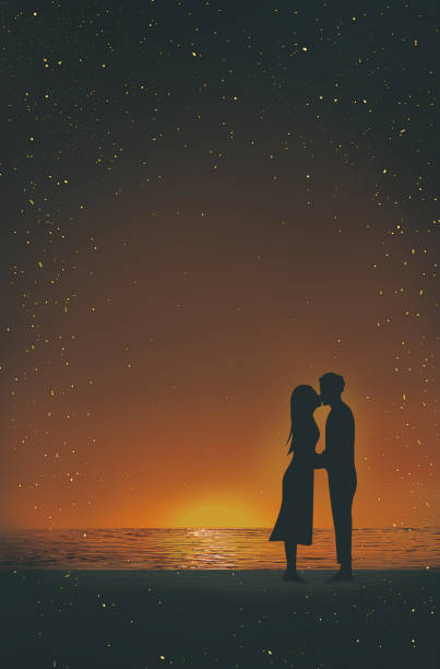 istock Romantic illustration of the couple at the beach by the sunset 1087019990
