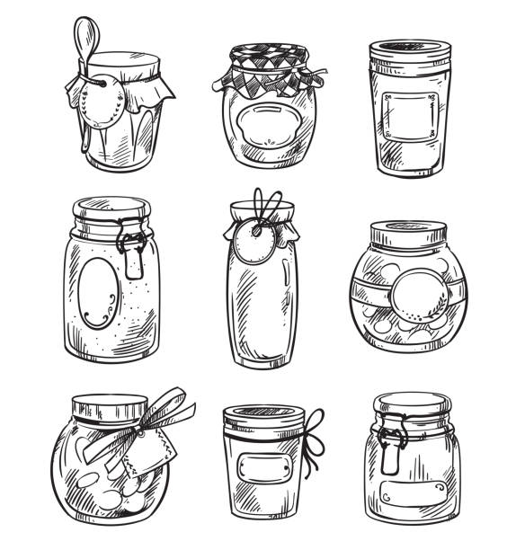 ilustraciones, imágenes clip art, dibujos animados e iconos de stock de set tarros de mason od dibujado a mano con mermelada, ilustración vectorial - jar canning food preserves