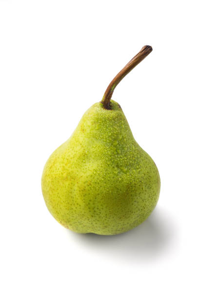 istock Juicy green packham pear on white with drops. 1087030922