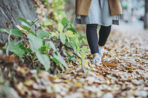 istock Women's foot walking on fallen leaves 1087032318