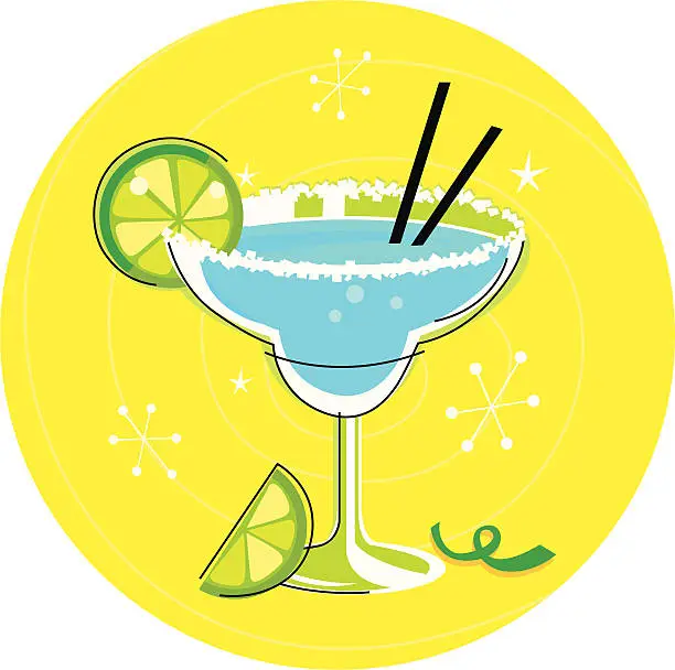 Vector illustration of Blue Margarita: Retro cocktail icon on yellow background