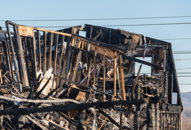 istock Burned out remains of an office building destroyed by fire 1087038224