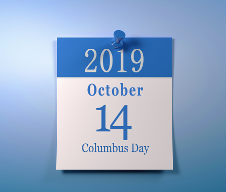 Blue white calendar page with October 14, 2019, Columbus Day post on the blue background.