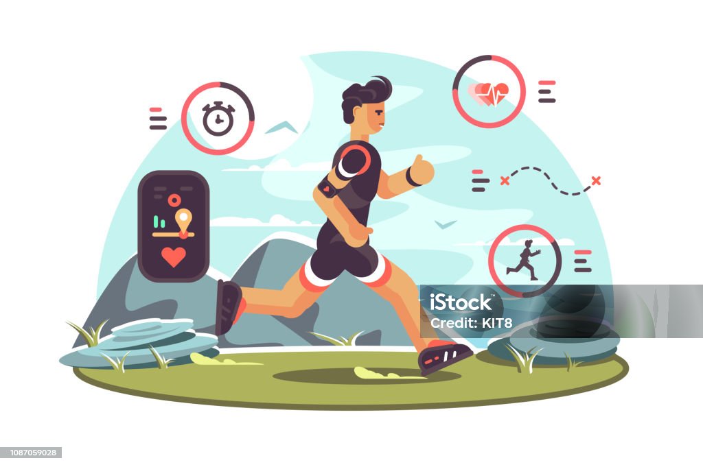 Sports apps for fitness Sports apps for fitness. Man runners getting health information and other data using wearable technology fitness tracker. Heartbeat distance location pulse icons flat style concept vector illustration Running stock vector