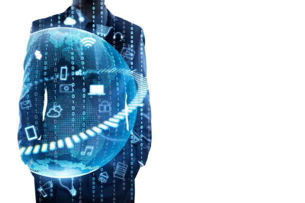 Double exposure effects Businessman Businessman standing and thinking with graphs, binary, virtual earth . Internet of things concept . Double exposure effects apply . cctv camera overlay stock pictures, royalty-free photos & images
