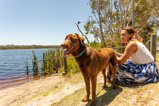 Young woman sitting with her dog looking at a lake