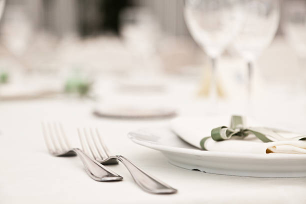 Elegantly decorated table in restaurant Elegant Decoration of Table in a Restaurant. exclusive dinner stock pictures, royalty-free photos & images