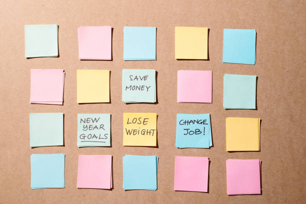 istock new year goals or resolutions - colorful sticky notes on a Notepad with coffee Cup. 1087089240
