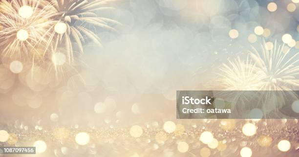 Gold Vintage Fireworks And Bokeh In New Year Eve And Copy Space Abstract Background Holiday Stock Photo - Download Image Now