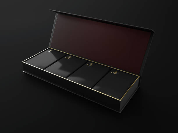 istock Opened Square Black Boxes Mockup with four square box in and golden numbers 3d Illustration 1087100384