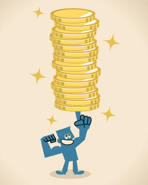 ilustrações, clipart, desenhos animados e ícones de sorrindo forte empresário carregando uma pilha de moedas de ouro (dinheiro) - superhero currency heroes savings