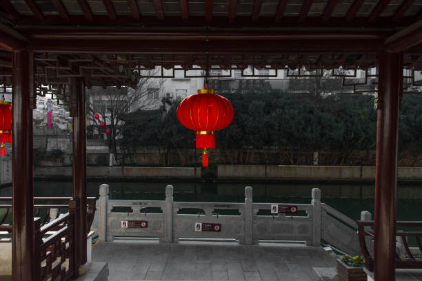 Red lanterns on the park corridor