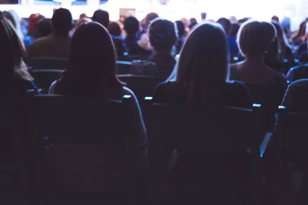 People in the theater auditorium during the performance. Soft focus.