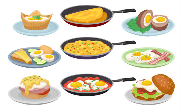 Dishes from eggs set, fresh nutritious breakfast food, design element for menu, cafe, restaurant vector Illustrations on a white background Dishes from eggs set, fresh nutritious breakfast food, design element for menu, cafe, restaurant vector Illustrations isolated on a white background. omelette on the plate stock illustrations